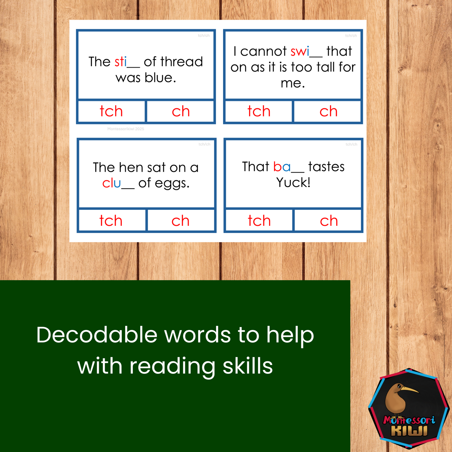 Modern Montessori Reading: tch clip and flip cards ending sound cards for learn ch vs tch (literacy)