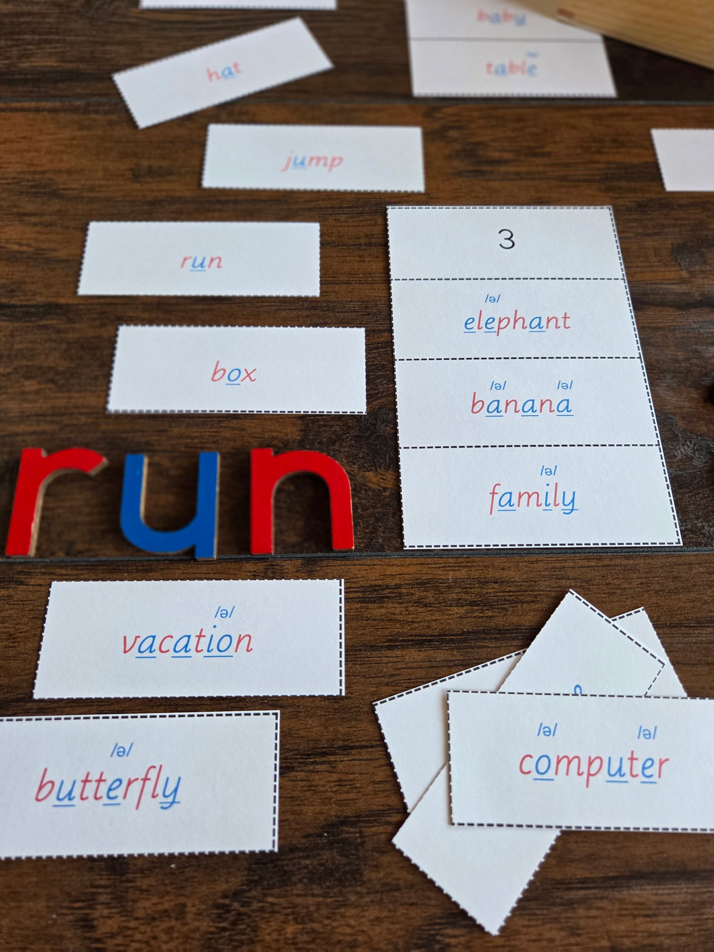 Modern Montessori Reading SOR syllable sort with schwa sound words (literacy)