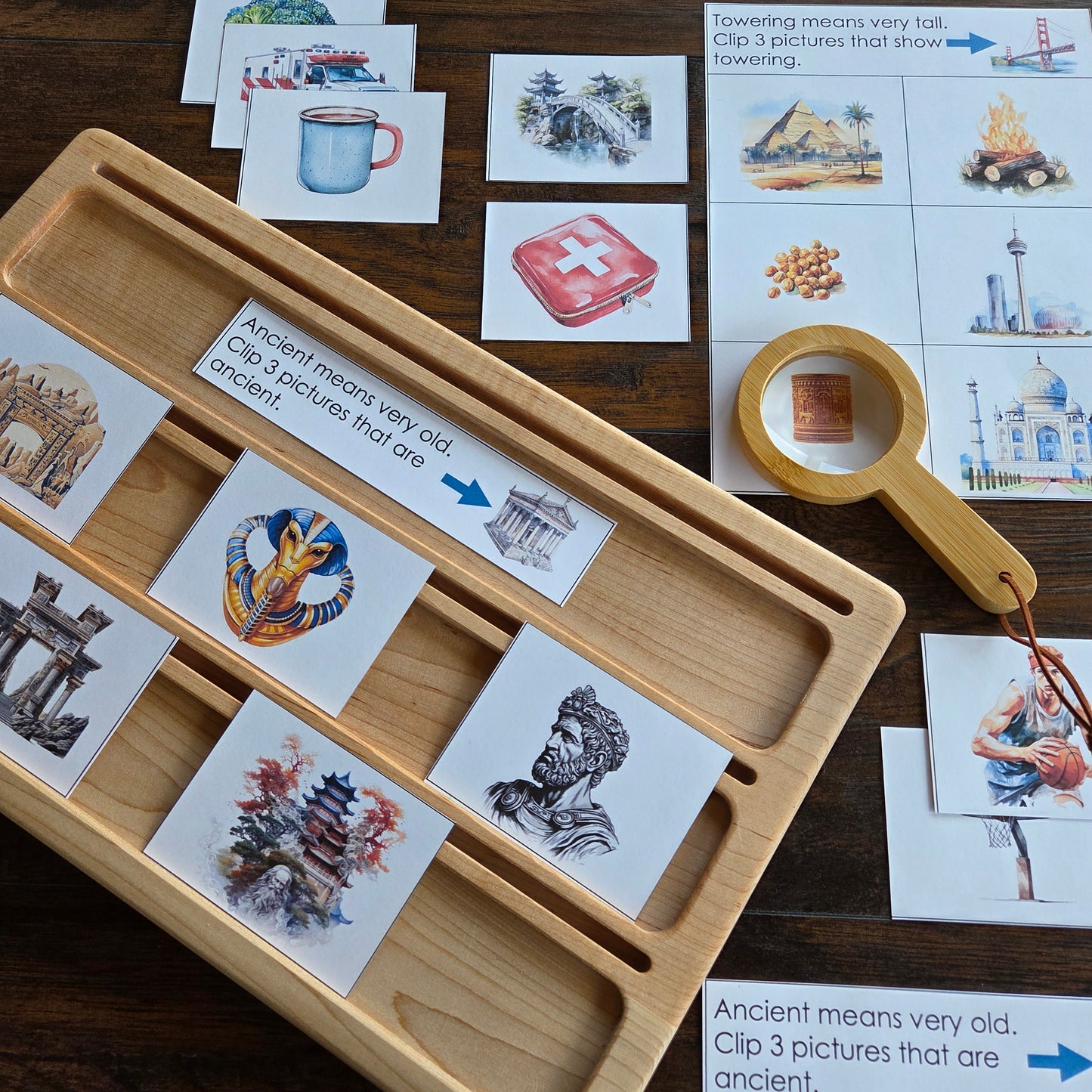 Modern Montessori Reading - Advanced descriptors - identifying adjectives, clip and flip cards (literacy)