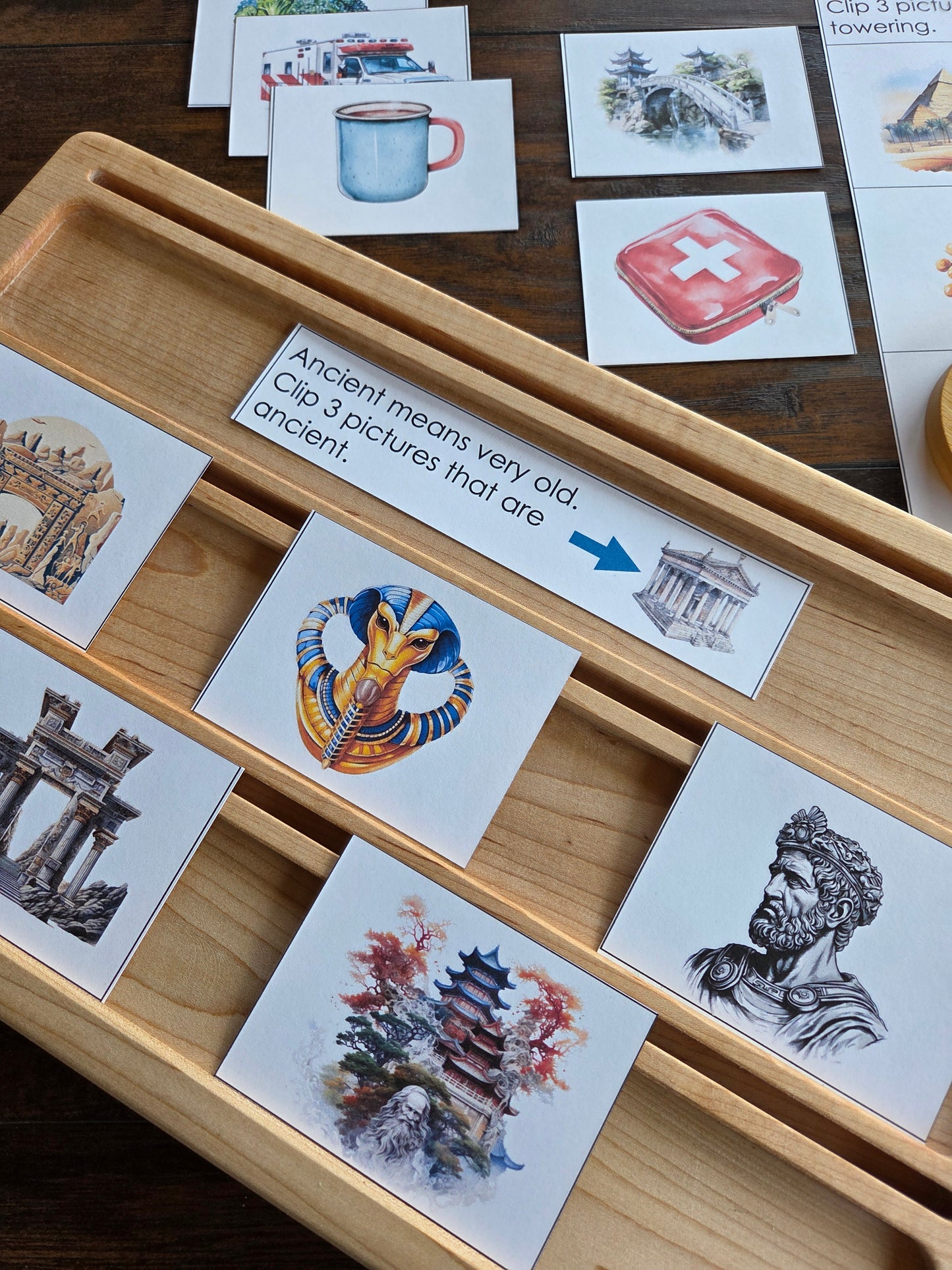 Modern Montessori Reading - Advanced descriptors - identifying adjectives, clip and flip cards (literacy)