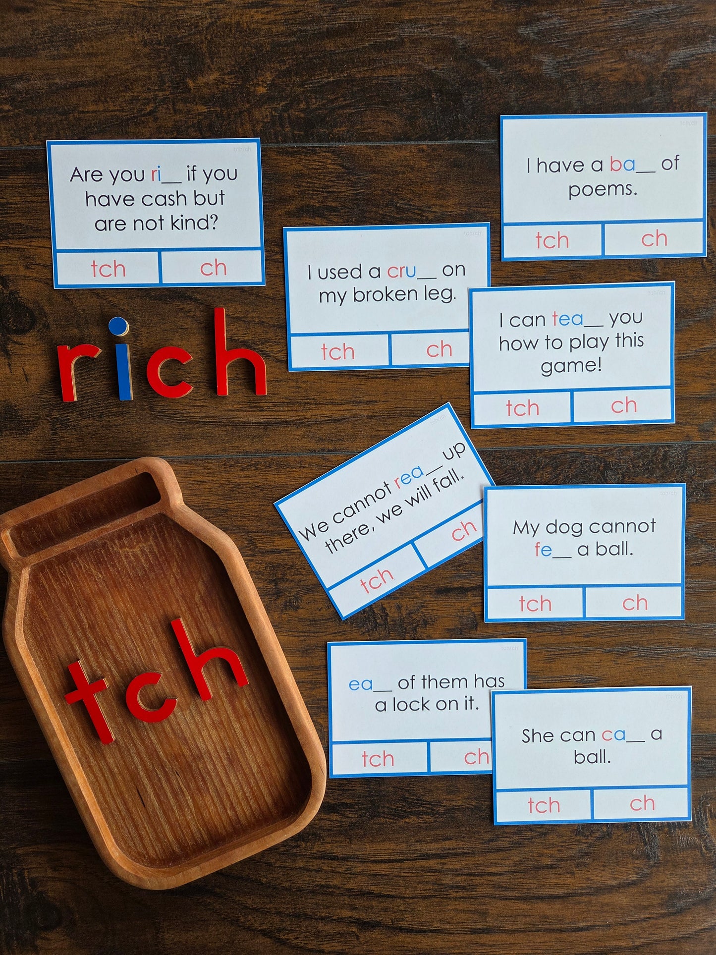 Modern Montessori Reading: tch clip and flip cards ending sound cards for learn ch vs tch (literacy)