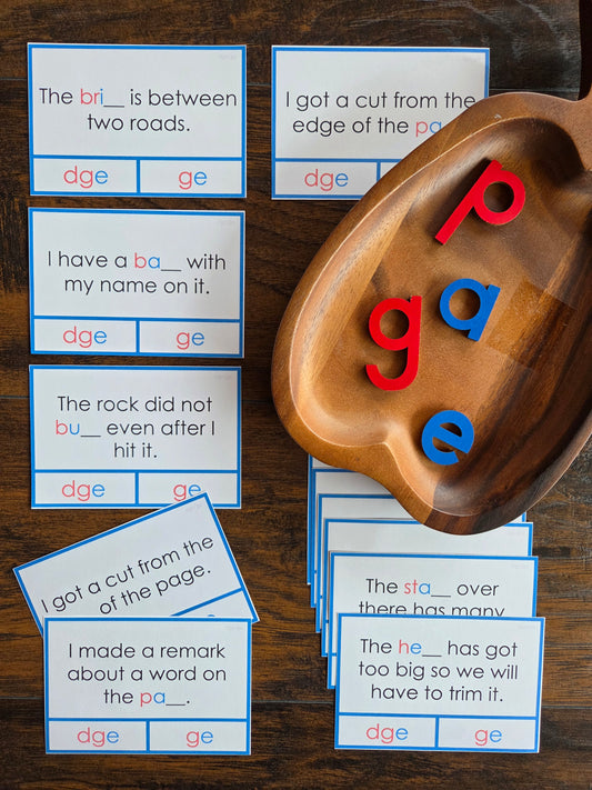 Modern Montessori Reading: dge clip and flip cards ending sound cards for learning ge vs dge (literacy)