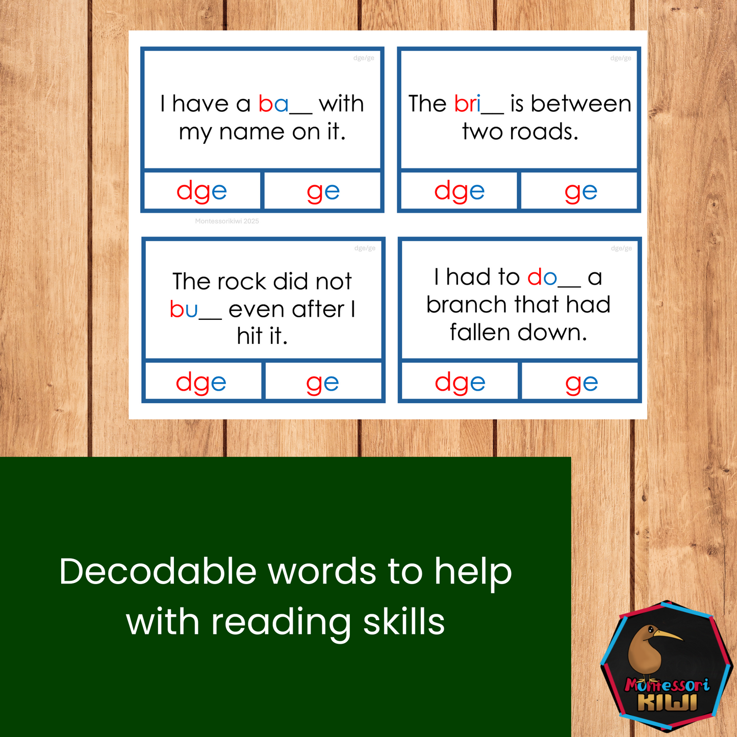 Modern Montessori Reading: dge clip and flip cards ending sound cards for learning ge vs dge (literacy)