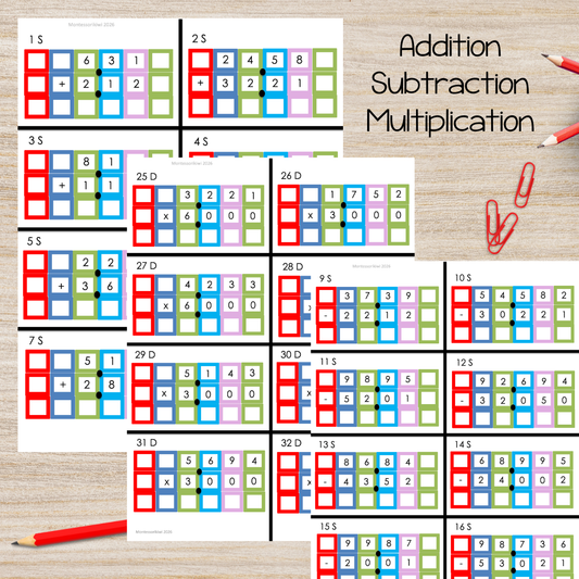 Montessori Decimal Fraction Operations Bundle | Decimal Task Cards, Stamp Game & Number Line Activities