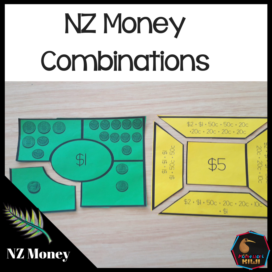 New Zealand Money LEVEL 1: combinations of amounts $1, $2, $5 - montessorikiwi