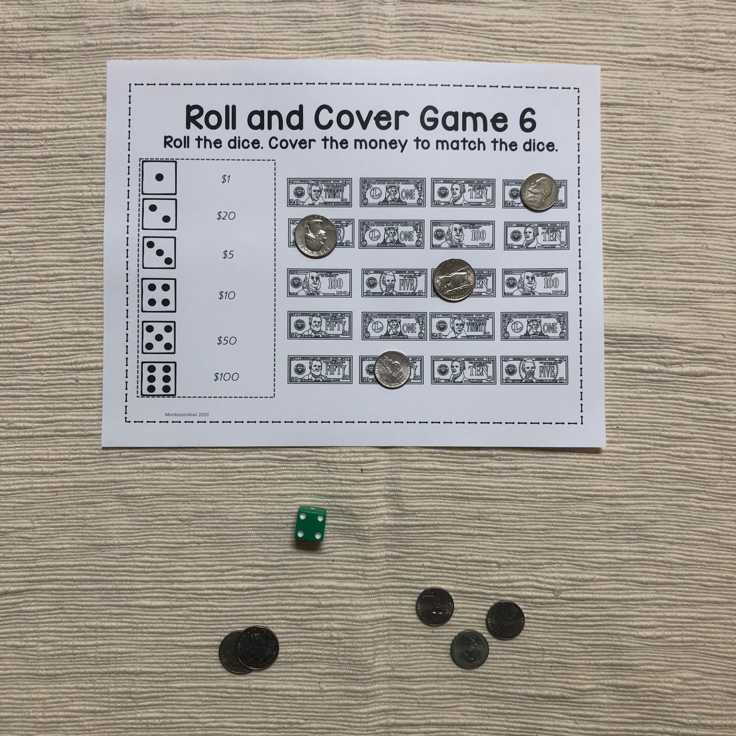 US Money Roll and Cover Game: Money Identification - montessorikiwi