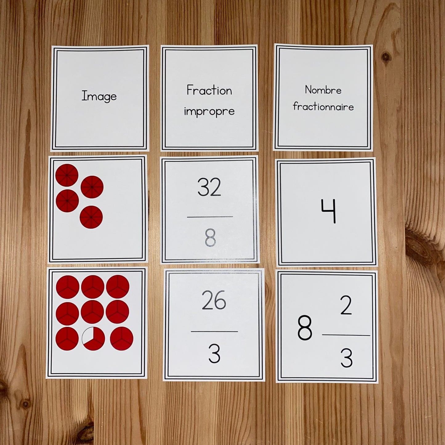 Association des fractions impropres (Improper Fraction Match-Up French) - montessorikiwi