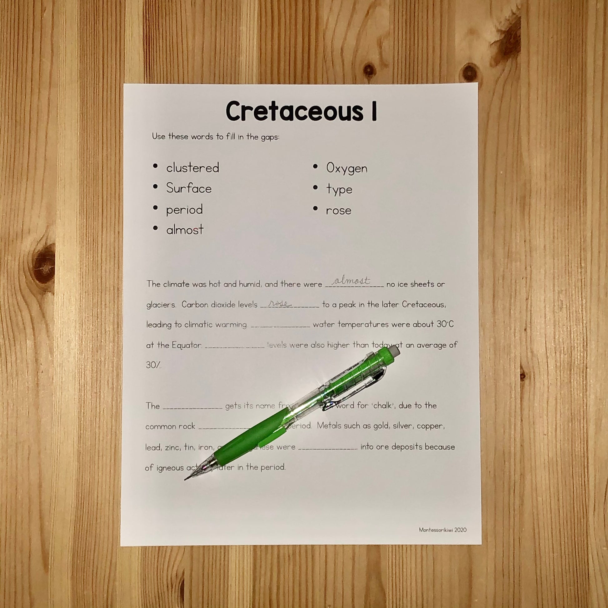 Mesozoic Cloze Resources - Montessori reading material (cosmic) - montessorikiwi