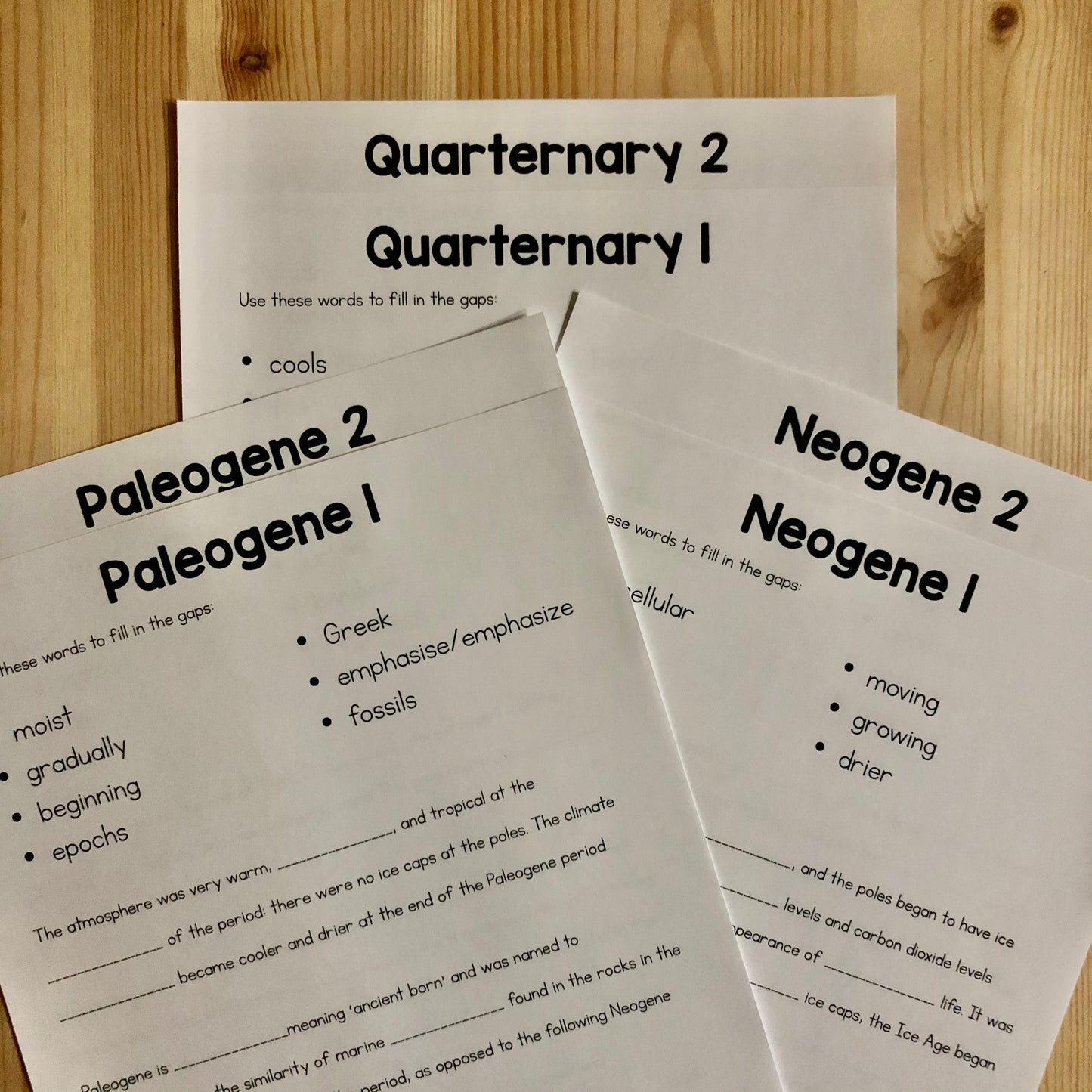 Cenozoic Cloze Resources - Montessori reading material (cosmic) - montessorikiwi