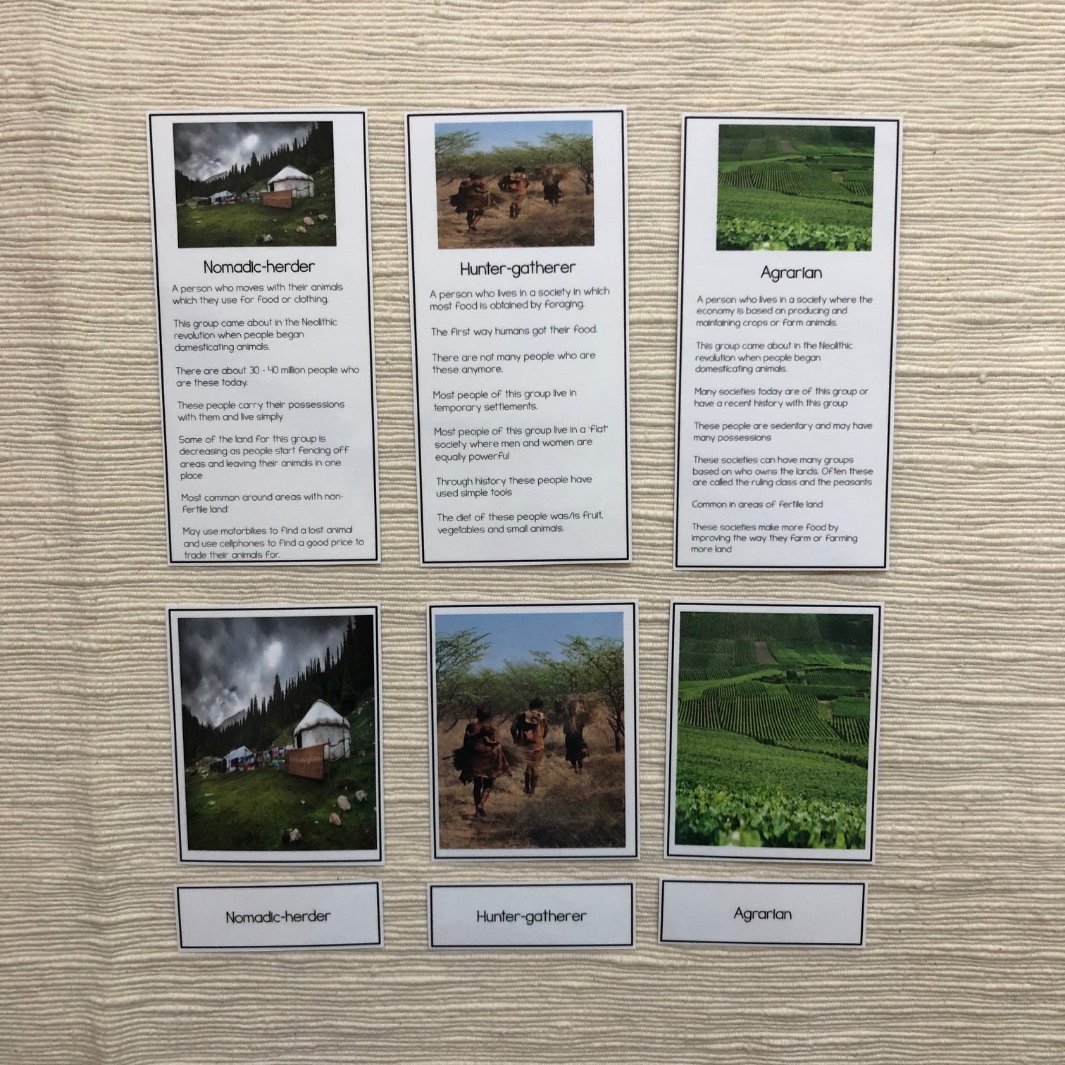 Hunter Gatherer, Nomadic Herder, Agrarian Sorting (cosmic) - montessorikiwi