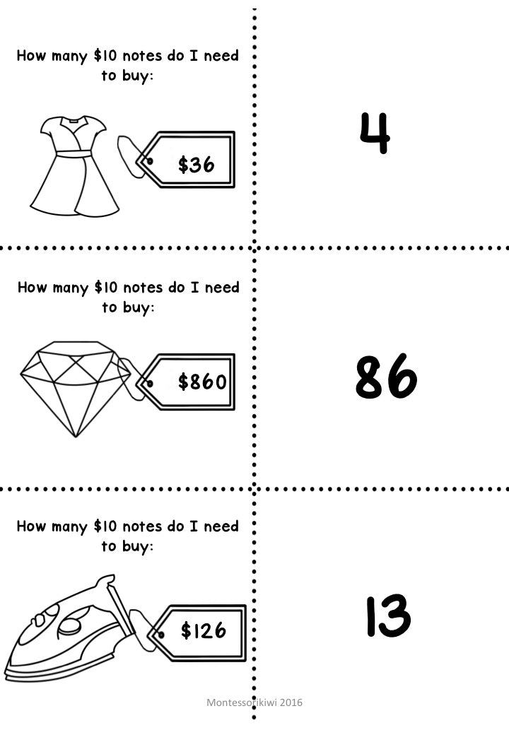New Zealand Money level 3: How many ten dollar notes equal - montessorikiwi