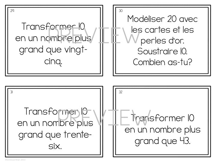 Cartes à tâches : Les fondements de valeur de position (travail avec les perles d’or) (Basic Place Value - French) - montessorikiwi