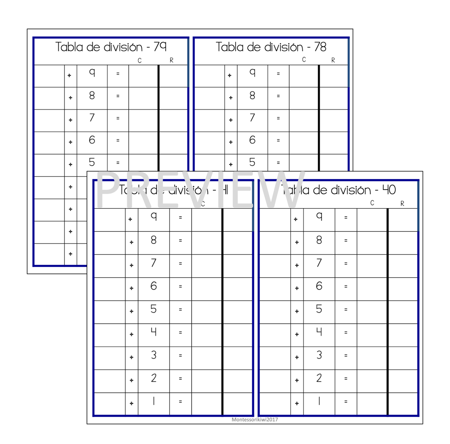 Tablas de división (division chart tables) - montessorikiwi