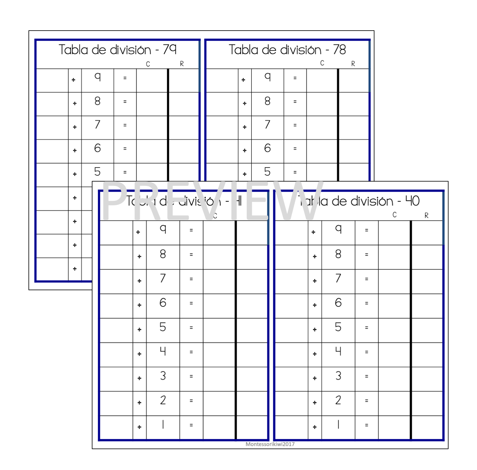 Tablas de división (division chart tables) - montessorikiwi