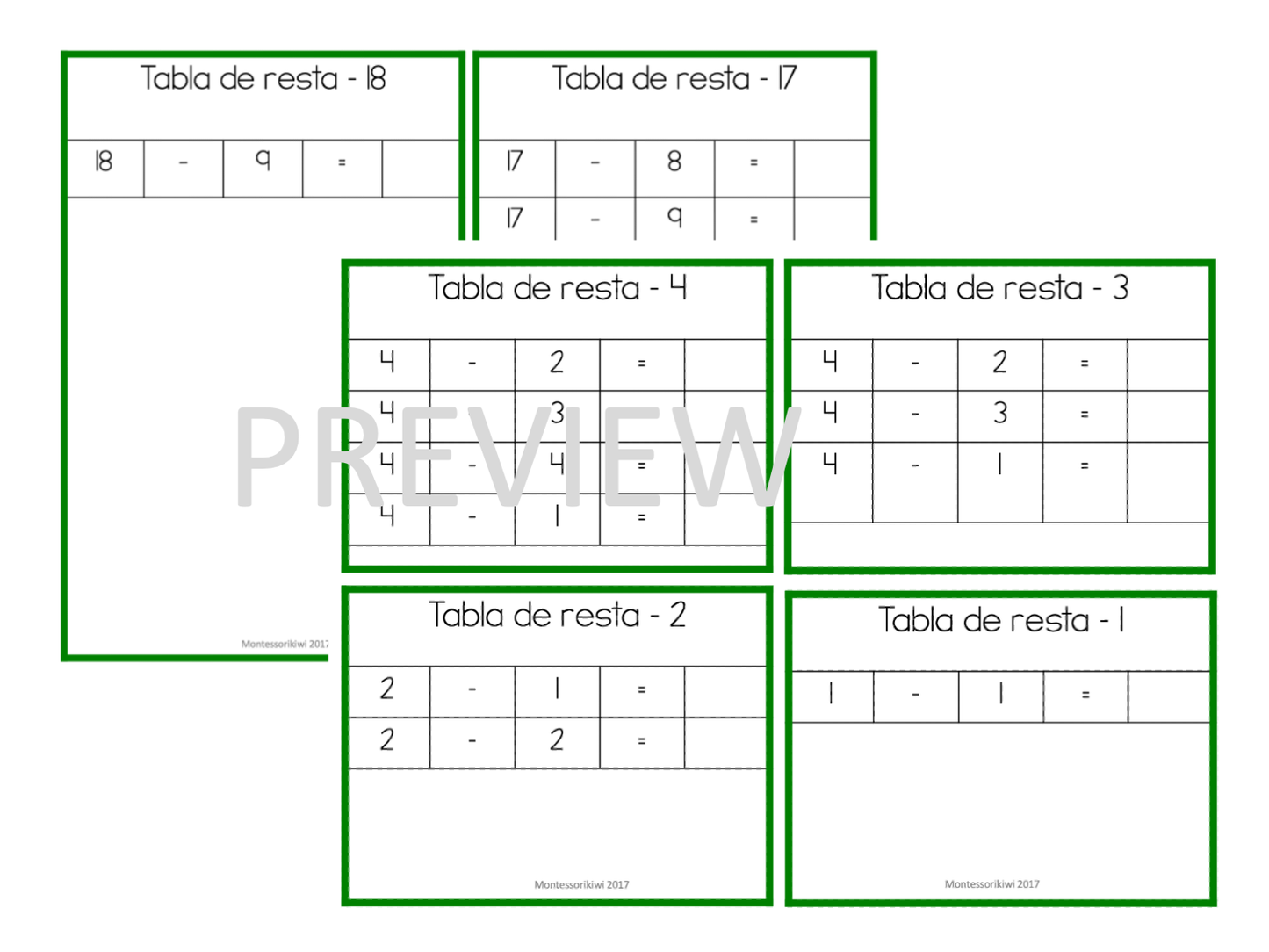 Cuadernillo de tablas de resta (subtraction chart tables) - montessorikiwi