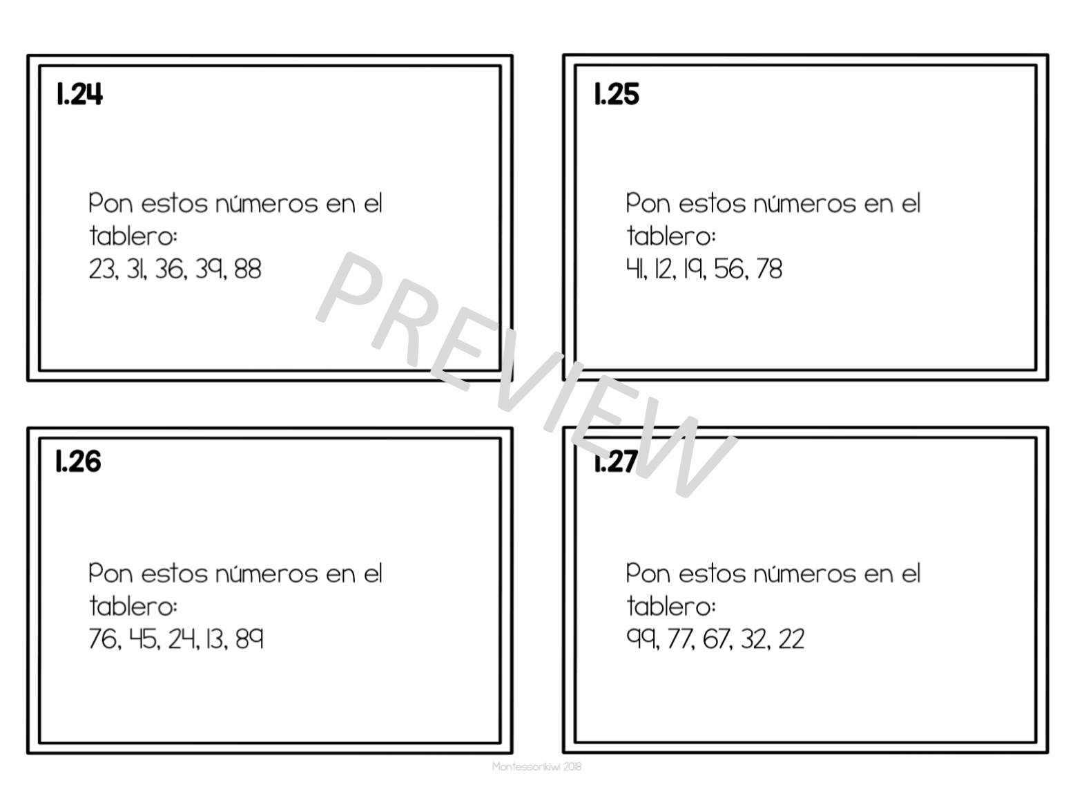 Tarjetas de trabajo para tablero 100 set 1 (Montessori Hundred board task cards set 1) - montessorikiwi