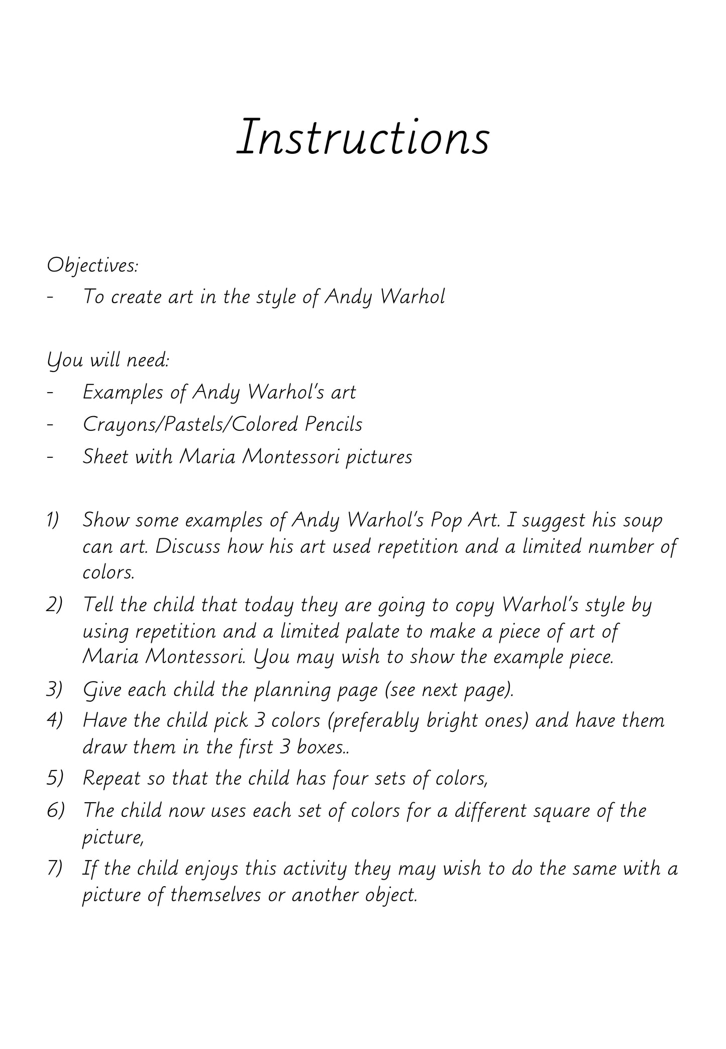 Maria Montessori "Pop Art" Activity - montessorikiwi