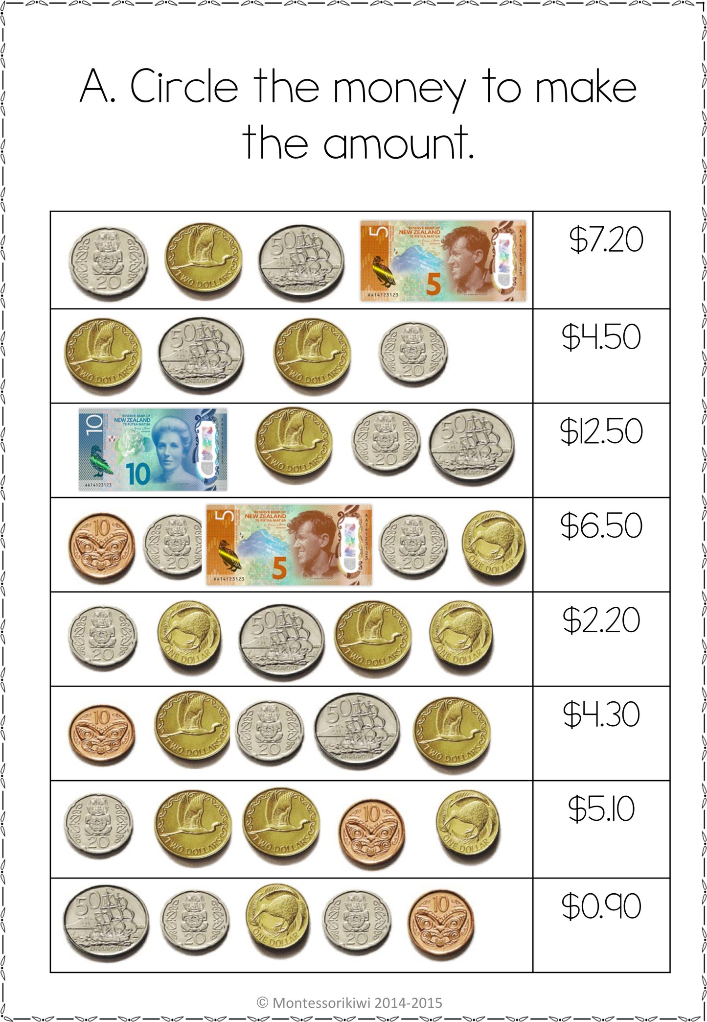 New Zealand Money - circle the money to make the amount - montessorikiwi