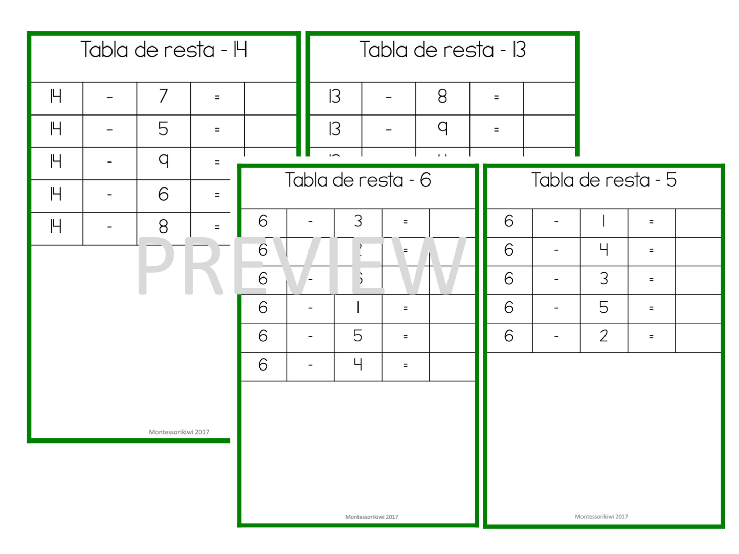 Cuadernillo de tablas de resta (subtraction chart tables) - montessorikiwi