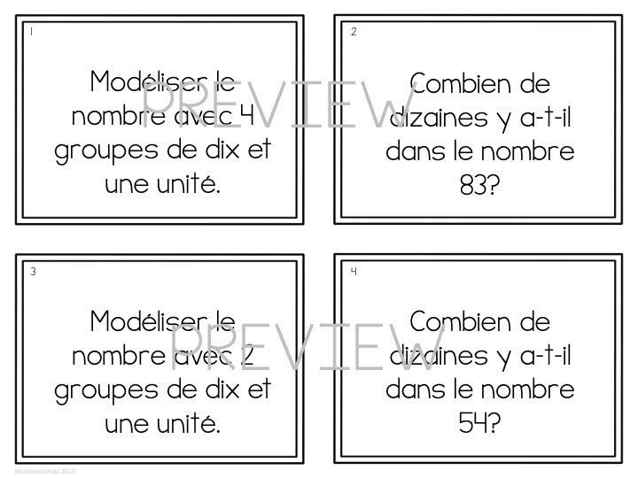 Cartes à tâches : Les fondements de valeur de position (travail avec les perles d’or) (Basic Place Value - French) - montessorikiwi