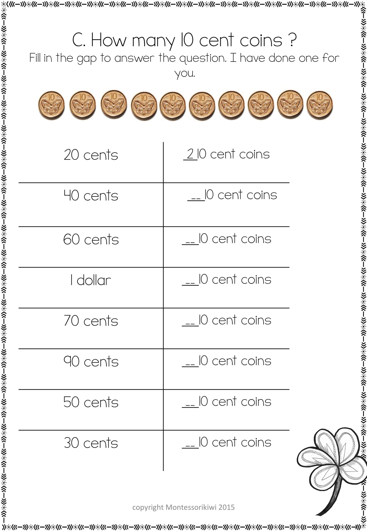 New Zealand Money Level 1: How many 10 cent coins equal - montessorikiwi