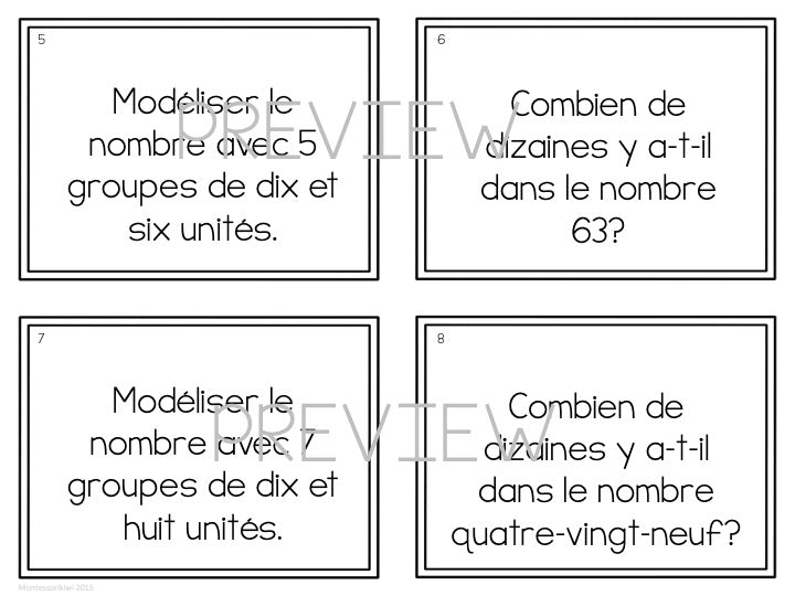 Cartes à tâches : Les fondements de valeur de position (travail avec les perles d’or) (Basic Place Value - French) - montessorikiwi