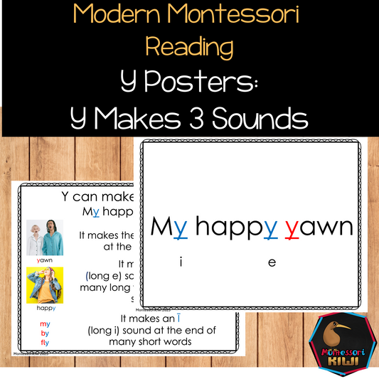 Modern Montessori Reading SOR Y makes 3 sounds posters  (literacy)