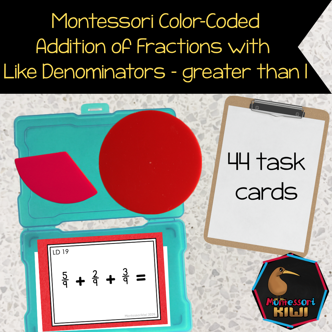 Montessori Adding Fractions with Like Denominators Task Cards | Mixed Numbers