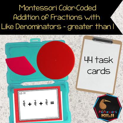 Montessori Adding Fractions with Like Denominators Task Cards | Mixed Numbers