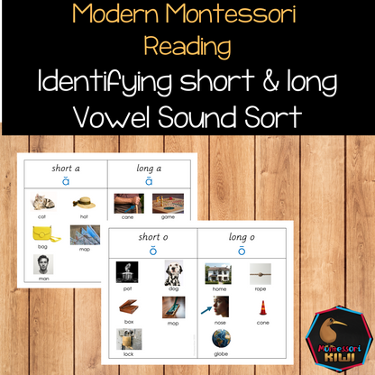 Modern Montessori Reading SOR Short and Long Vowel Aural Sorting Activity  (literacy)