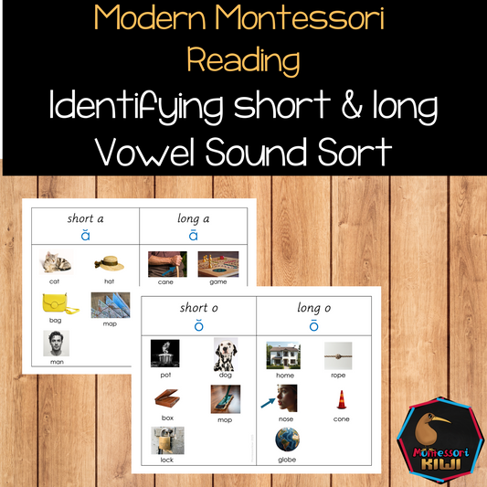Modern Montessori Reading SOR Short and Long Vowel Aural Sorting Activity  (literacy)