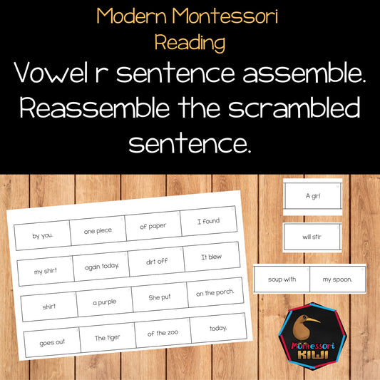Modern Montessori Reading: Vowel R Sentence Scramble Activity