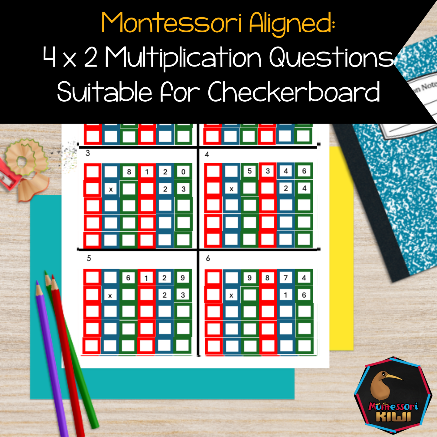 Montessori Color Coded 4 x 2 multiplication 2 digit multiplier