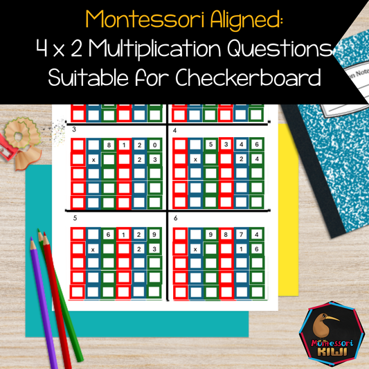 Montessori Color Coded 4 x 2 multiplication 2 digit multiplier