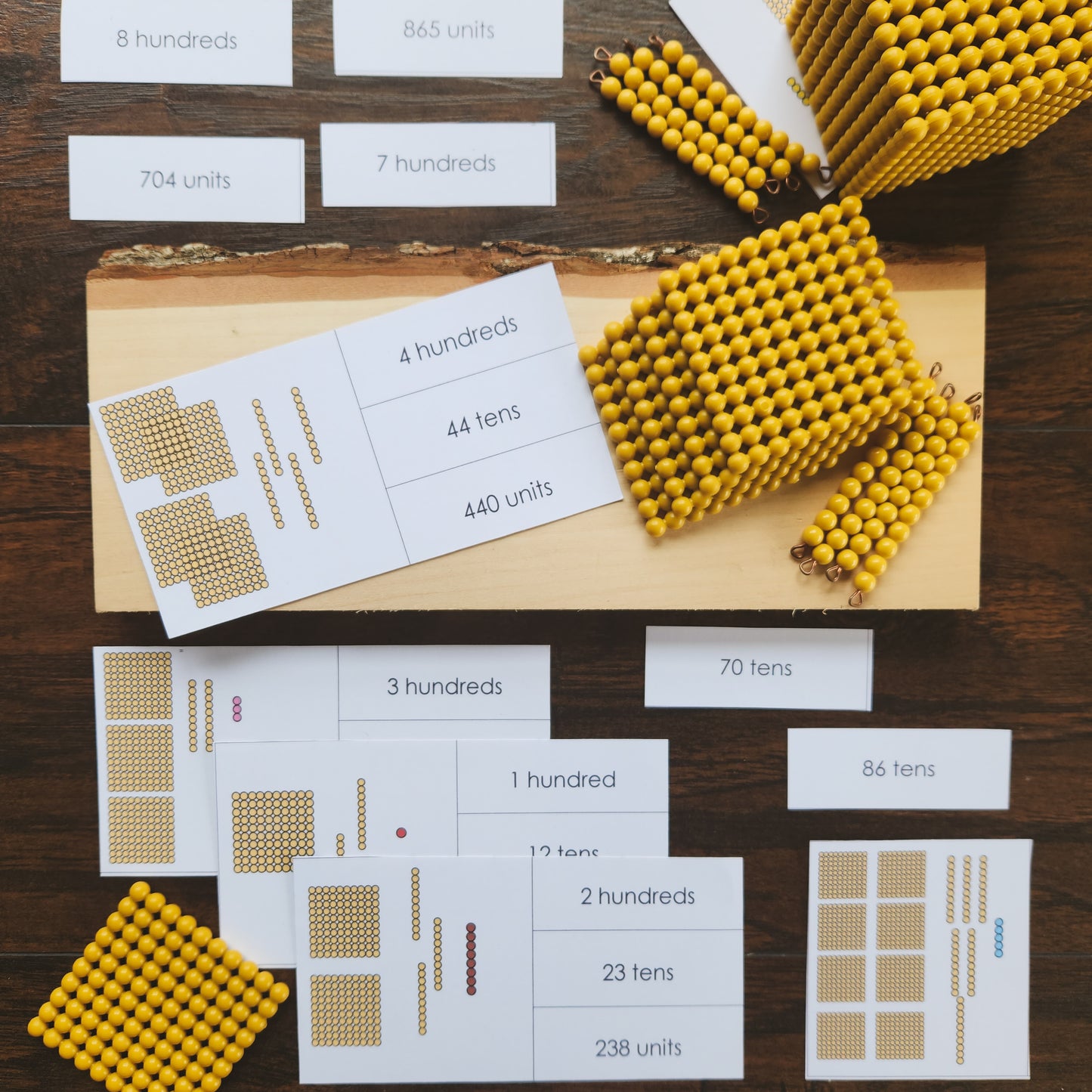 Montessori Place value with golden beads matching cards - montessorikiwi