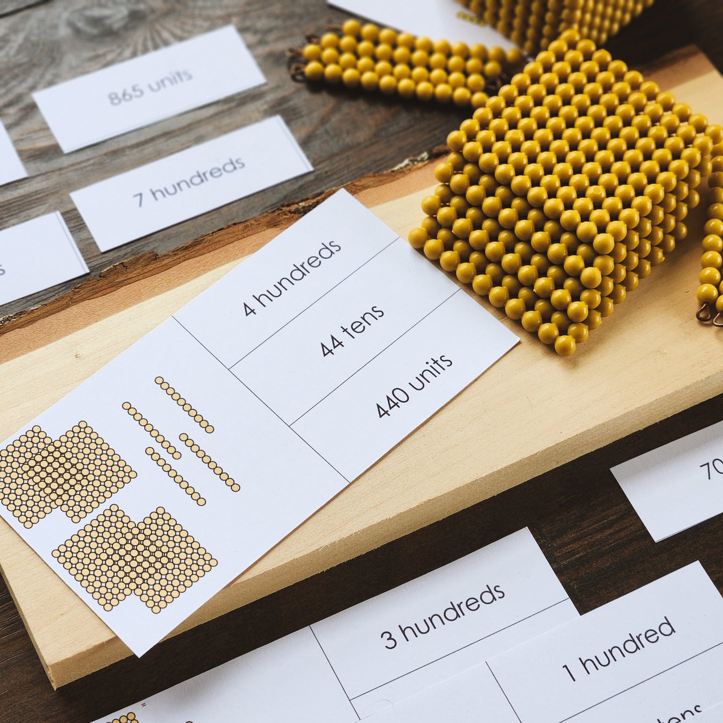 Montessori Place value with golden beads matching cards - montessorikiwi