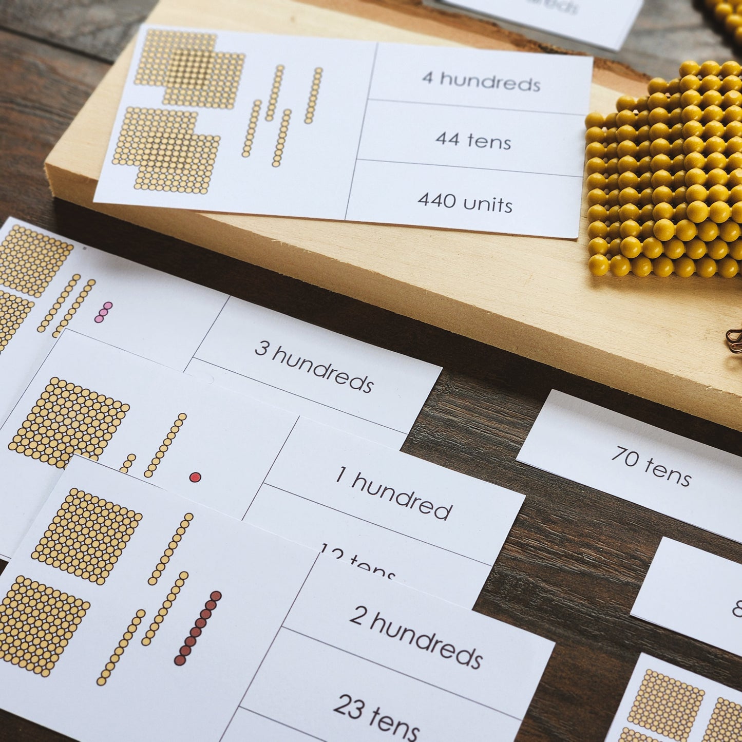 Montessori Place value with golden beads matching cards - montessorikiwi