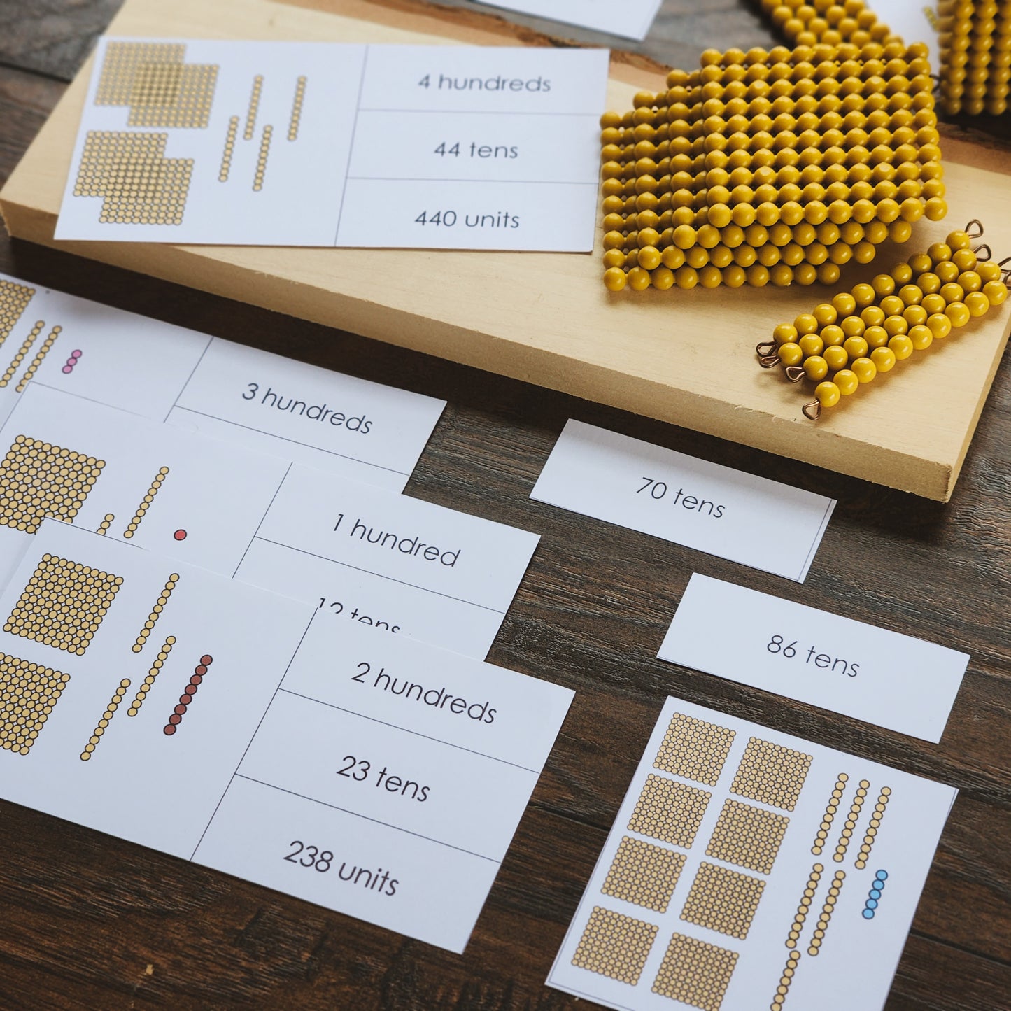 Montessori Place value with golden beads matching cards - montessorikiwi