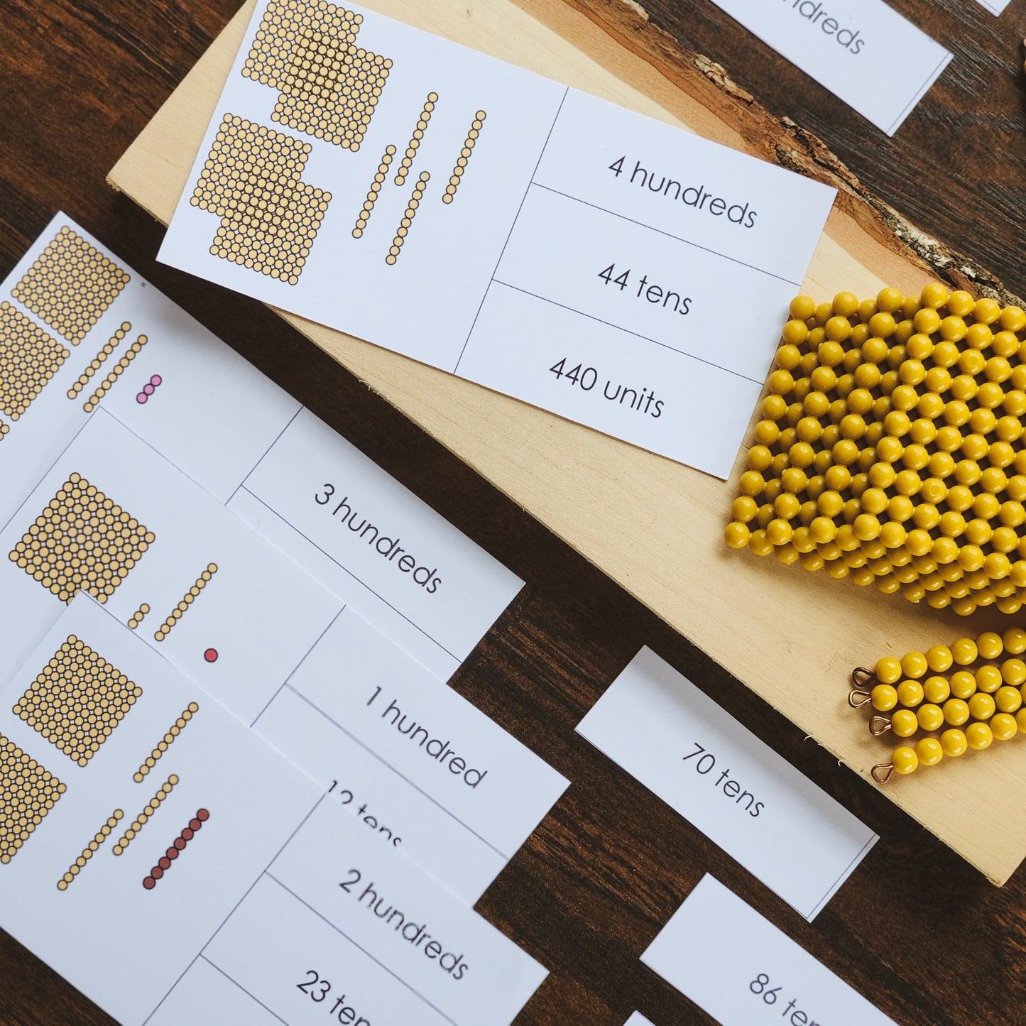 Montessori Place value with golden beads matching cards - montessorikiwi