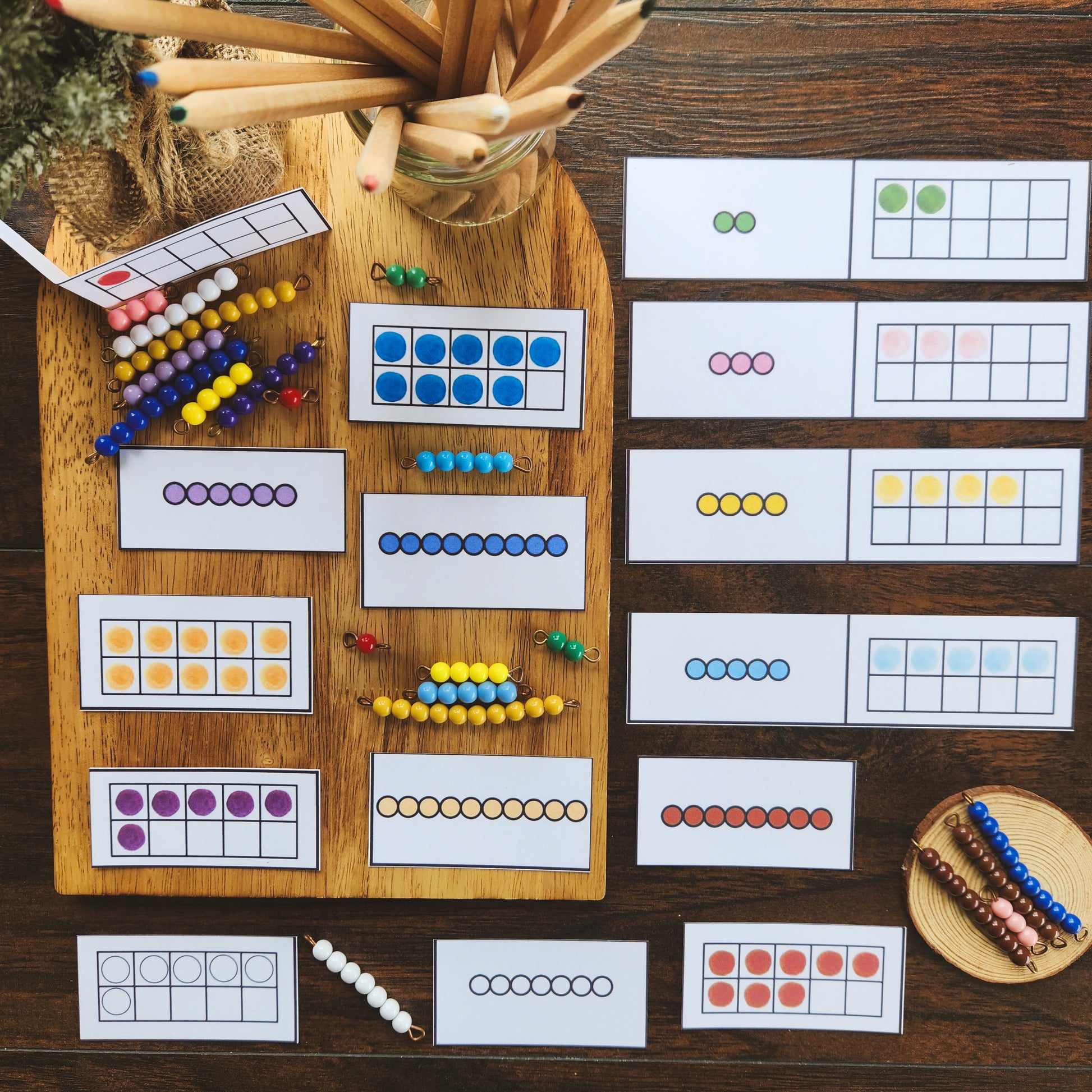 Colored Bead bar and tens frame match - montessorikiwi