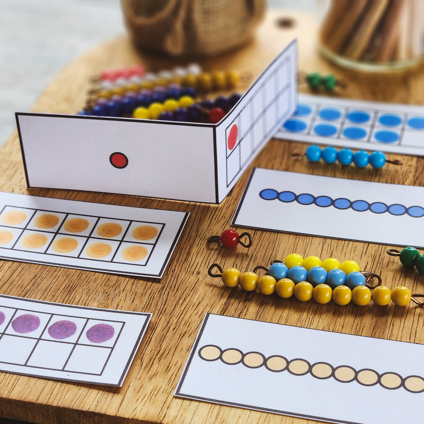 Colored Bead bar and tens frame match - montessorikiwi