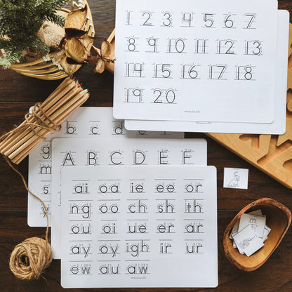 Handwriting chart for numbers and letters - montessorikiwi