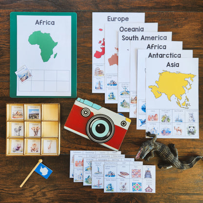 Printed continent sorting activity sheets with blank maps and control cards, designed for young children to match the tokens with the correct continent.