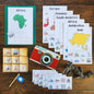 Printed continent sorting activity sheets with blank maps and control cards, designed for young children to match the tokens with the correct continent.
