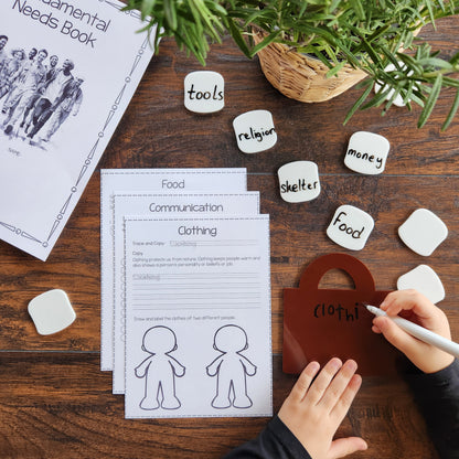 A child is working on a worksheet titled 'Fundamental Needs' with categories such as Clothing, Shelter, Food, Tools, Communication, Religion, Money, and Transportation. The child is drawing a diagram of a coat on the 'Clothing' page.