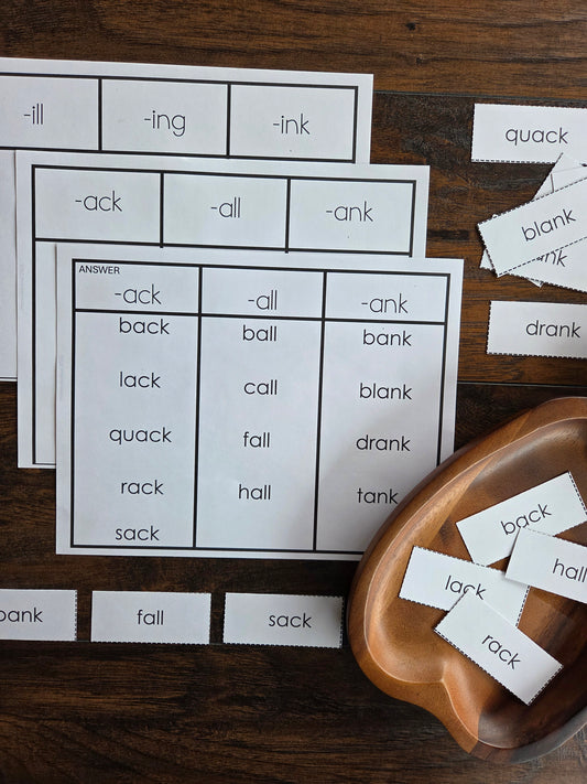 Word Family Sorting Cards | Montessori Science of Reading Phonics Activity