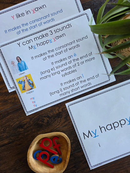 Modern Montessori Reading SOR Y makes 3 sounds posters  (literacy)