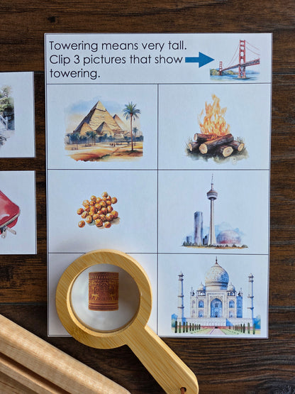 Modern Montessori Reading - Advanced descriptors - identifying adjectives, clip and flip cards (literacy)