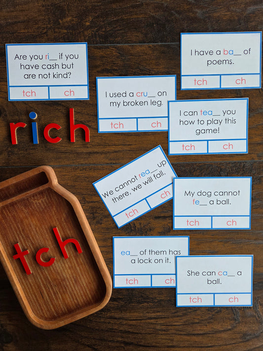 Modern Montessori Reading: tch clip and flip cards ending sound cards for learn ch vs tch (literacy)
