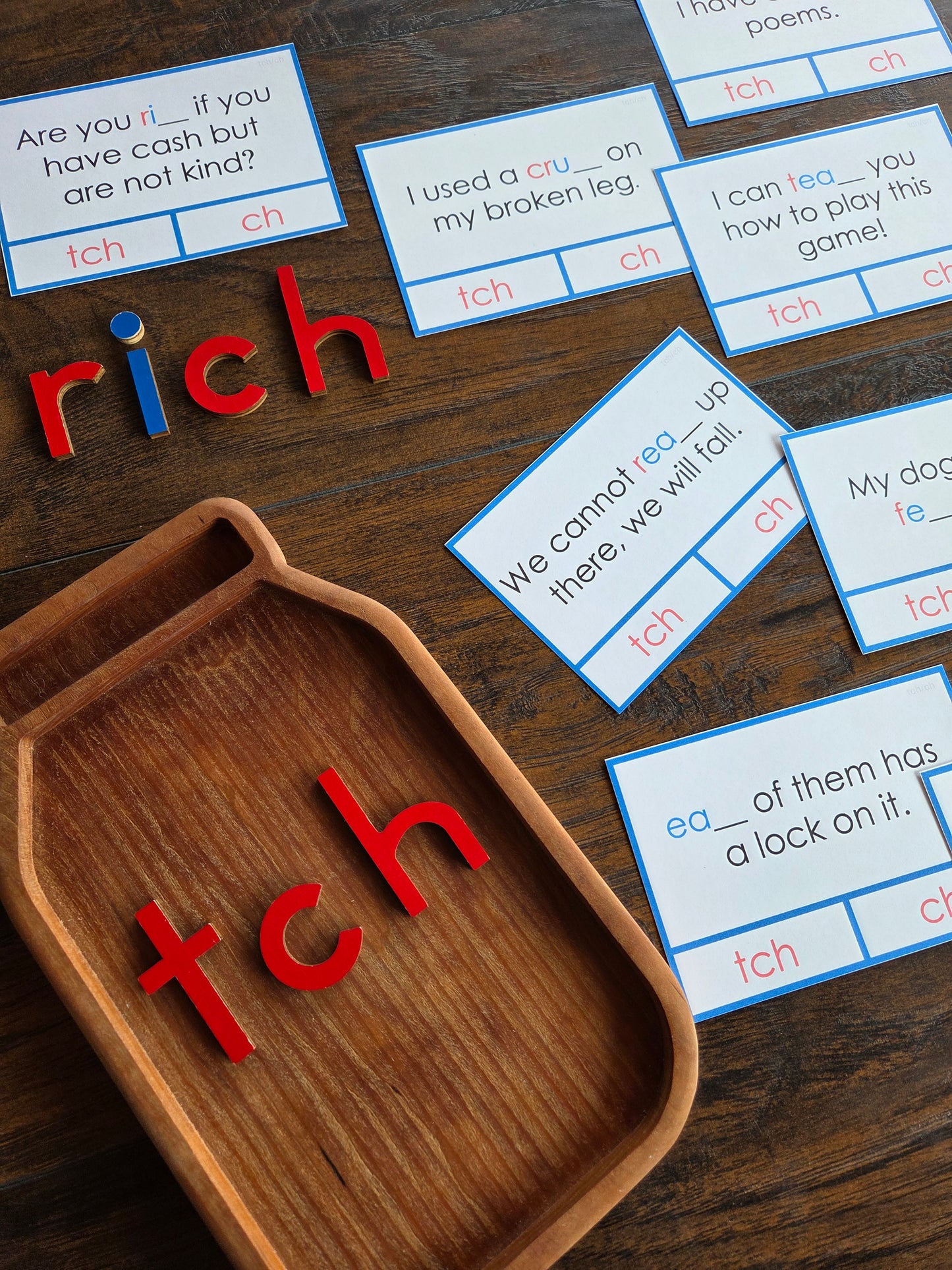 Modern Montessori Reading: tch clip and flip cards ending sound cards for learn ch vs tch (literacy)